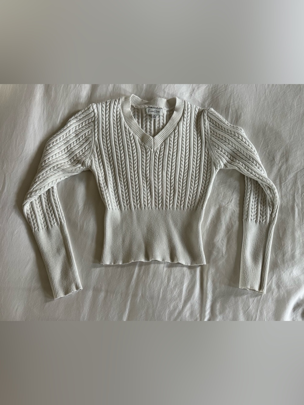 Cable-Knit V-Neck Sweater in Off-White